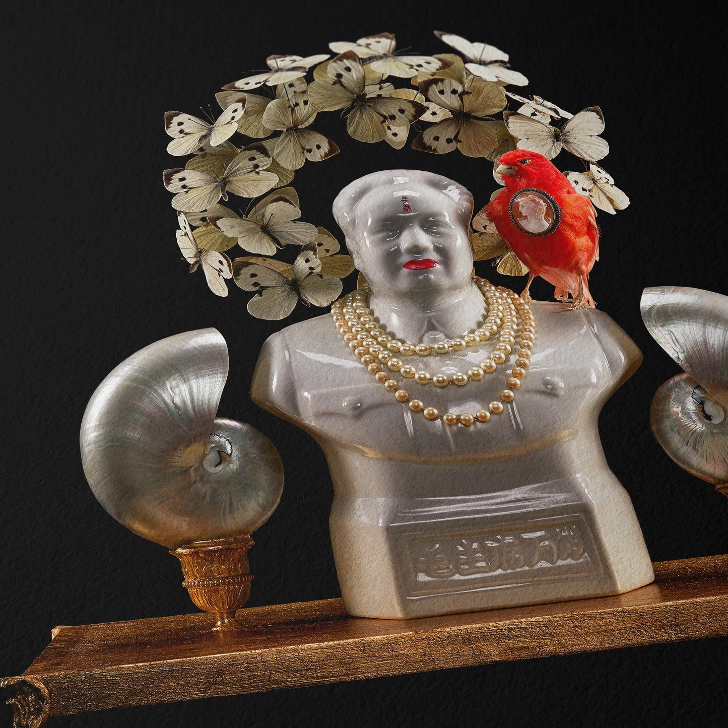 Decorative bust with a parrot, shells, and butterfly headpiece on a dark background