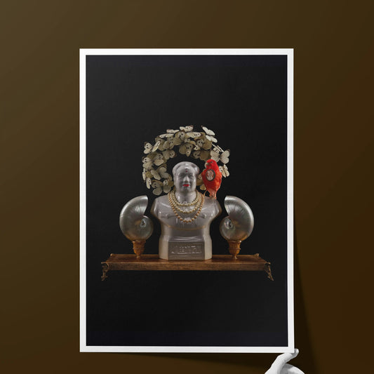 Decorative bust with flowers and a red flower on a dark background