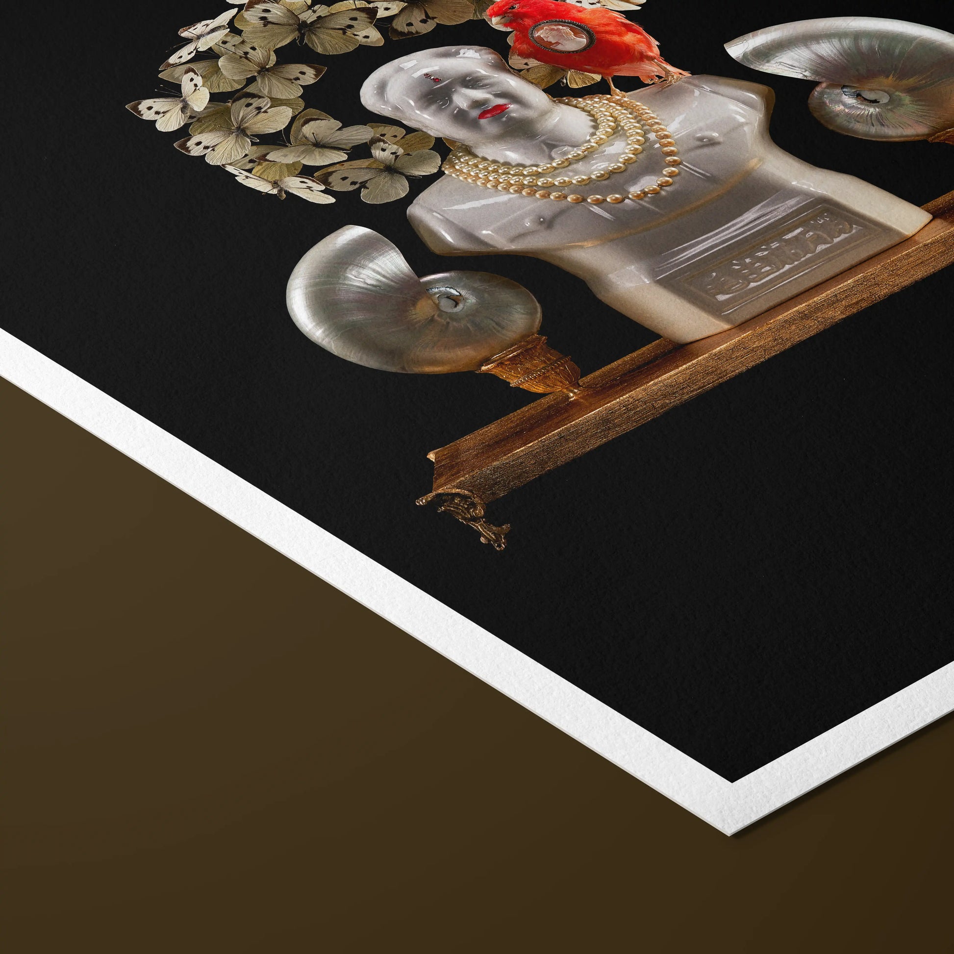 Decorative item with a woman's face, flowers, and jewelry on a black background